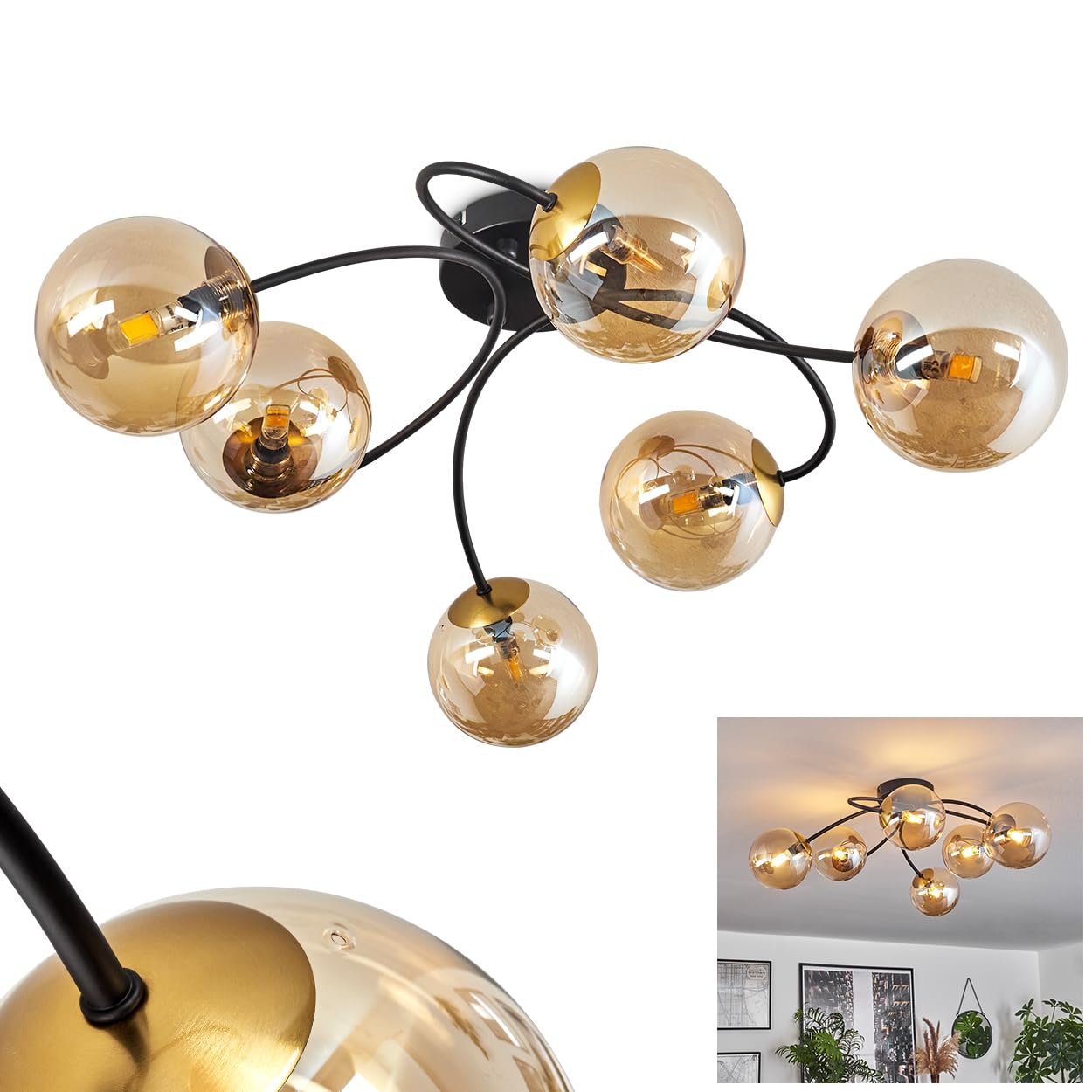 Chehalis Ceiling Light, Ceiling lamp Made of Metal/Glass in Black/Gold/Amber Colours, luminaire in Retro/Vintage Design with Glass Shades (Ø 12 cm), 6 x G9 LED, Without Bulbs