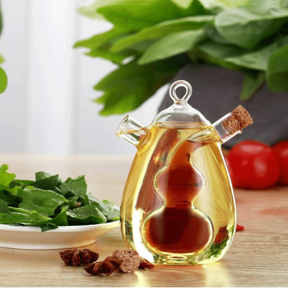 2 in 1 Oil and Vinegar Dispenser Cruet Bottle, Kitchen Supplies Glass Olive Oil and Balsamic Vinegar Cruet Bottle with Cork Stoppers, Hand-blown Glass Jar (Gourd Shape) - Image 6