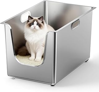 PTLOM Lebensmittelechtes Katzenklo Edelstahl XXXL Katzentoilette 35cm Hohe Ränder Rostfrei,Auslaufsicher, Niedriger Einstieg für ältere Katzen + Rollen – Perfekt für Mehrkatzenhaushalte