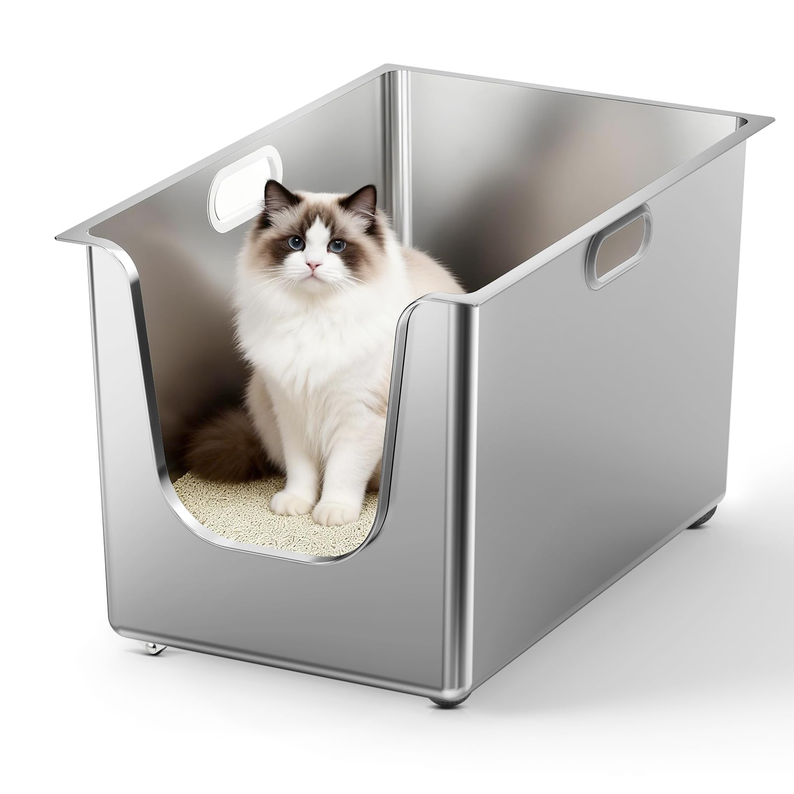 PTLOM Katzentoilette aus Edelstahl, 30cm Hohe Seitenwände, Große Metalltoilette mit Niedrigem Einstieg für Große Katzen