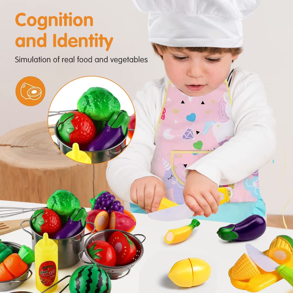 Juguetes de Cocina para niños, 31 Piezas Juguetes de Chef para Niños, Cocina de Acero , Vegetales para Cortar, Delantal y Gorro De Cocinero, Cortadores de Galletas, Rodillo para niños