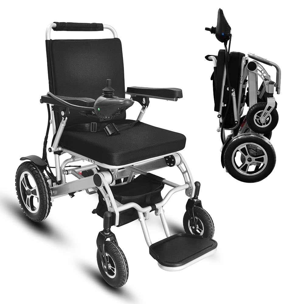 Sedia a rotelle elettrica, motore da 250 W, batteria da 12 Ah, autonomia 12 miglia per adulti, sedie a rotelle elettriche pieghevoli leggere con cintura di sicurezza, portata massima: 136 kg, argento