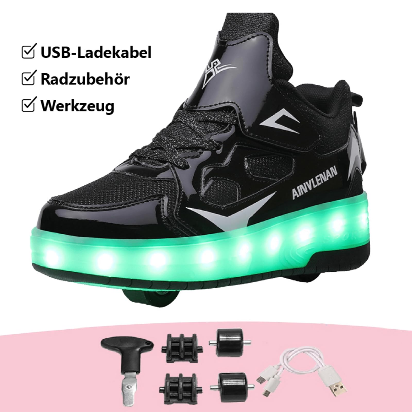 Sneaker per Bambini,Scarpe da Skateboard a Due Ruote,Luce a Cambio Colore Regolabile,Ricarica USB,universali per Ragazzi e Ragazze,Nero Rosa Oro Argento 27–40 EU