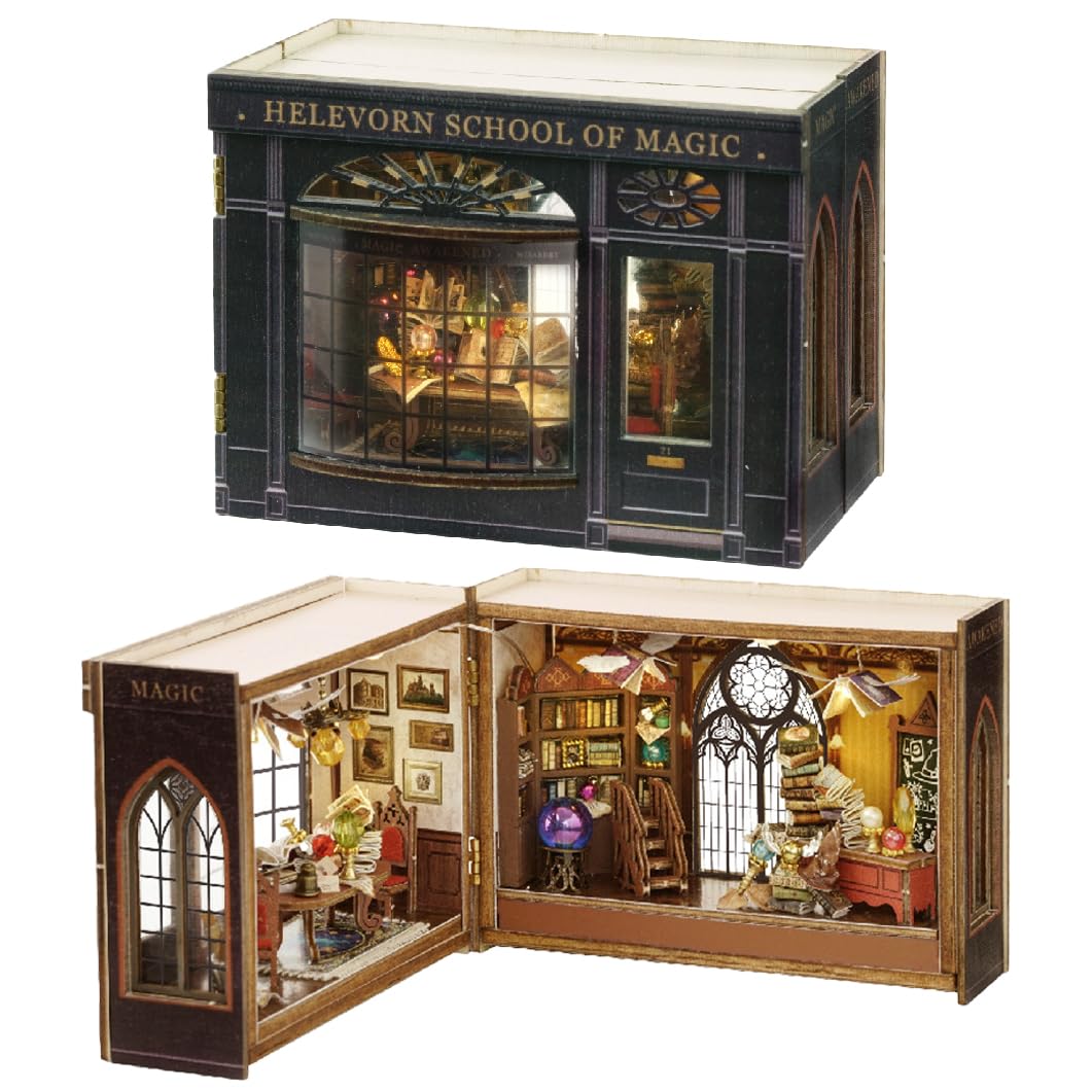 DIY Book Nook, Doll's House Wooden House with Furnished, Wood Paintable Book Nook, Mini Library Creative Room Birthday Gift (Magical Fate)