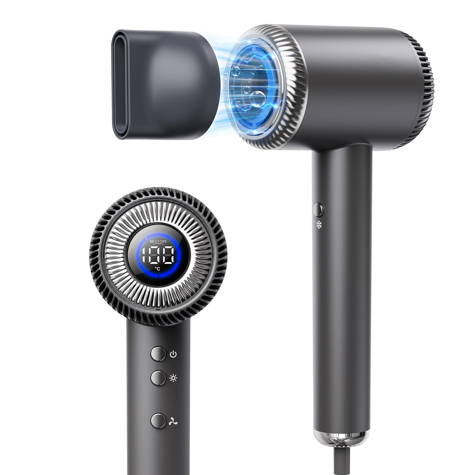 BESTOPE PRO Sèche-cheveux ionique, 110 000 tr/min, sèche-cheveux ionique, sèche-cheveux professionnel, 5 vitesses et 6 températures, technologie ionique négative, gris