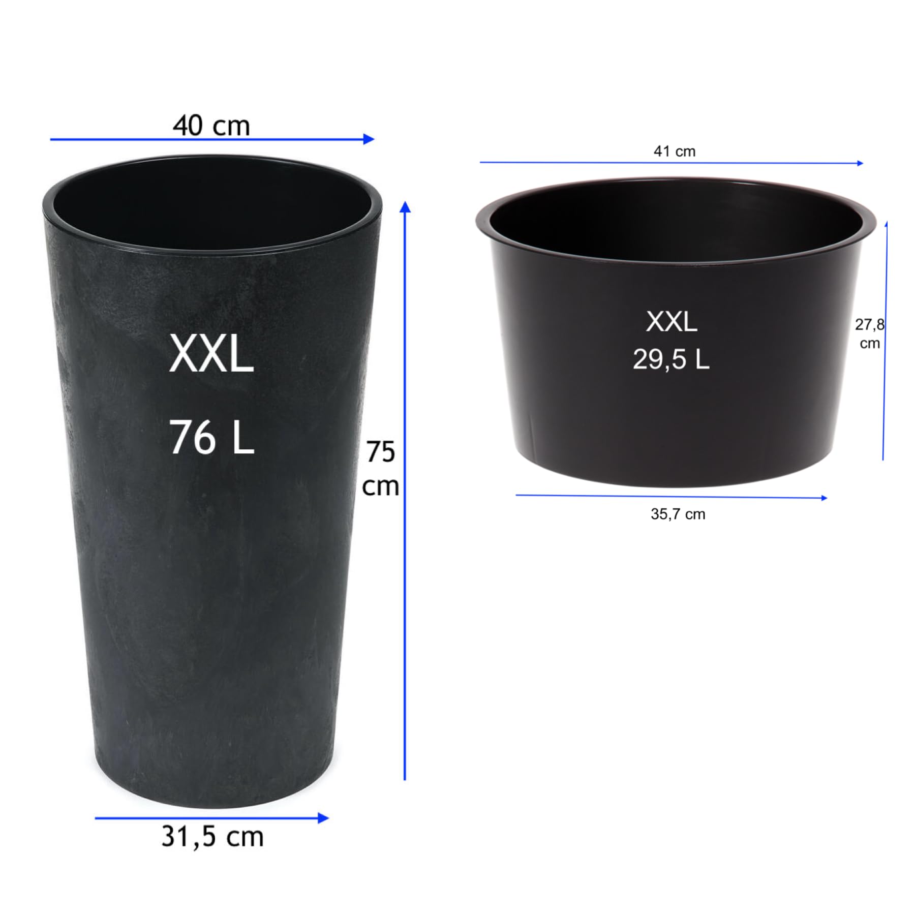 MELTOM Blumenkübel Rund Betoneffekt mit Herausnehmbaren Einsatz Blumentopf Pflanzenkübel Indoor & Outdoor Schwarz XXL 75 cm