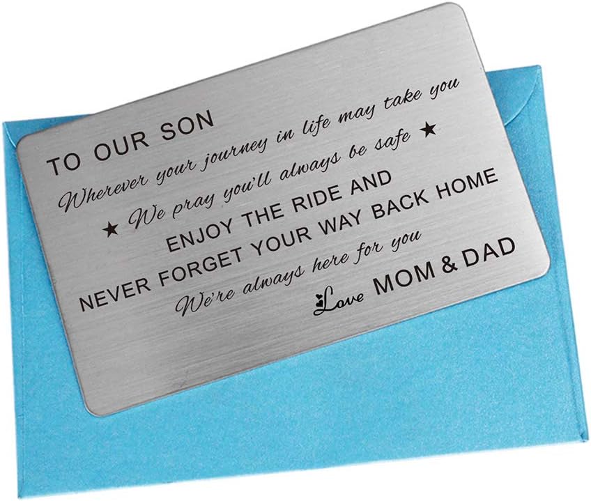 FALOGIJE To Our Son Gifts from Mom and Dad, Mens Gifts for Birthday Unique for Son Adult, Christmas Stocking Stuffers for Men, Engraved Wallet Card image 5