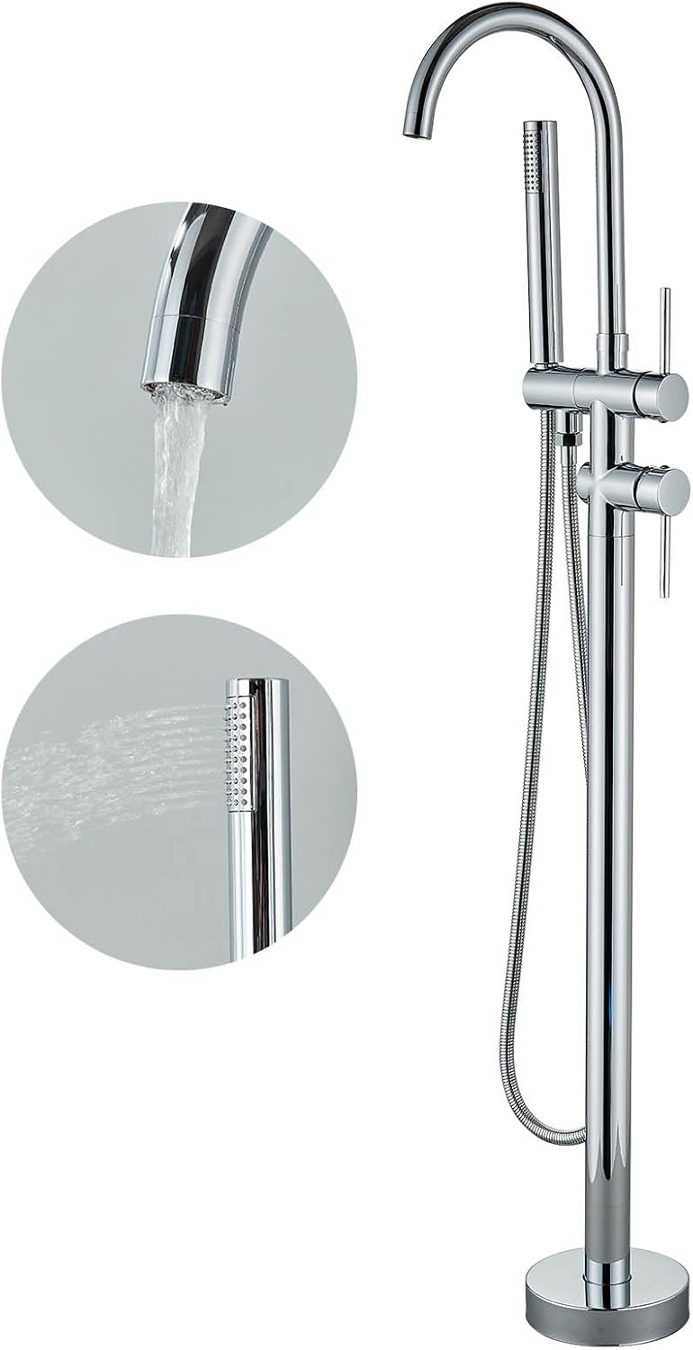YAGATAP Freestanding Bathtub Faucet Floor Mount Tub Filler Chrome High Flow Shower Faucets with Handheld Shower Mixer Taps Swivel Spout… Chrome High Arc