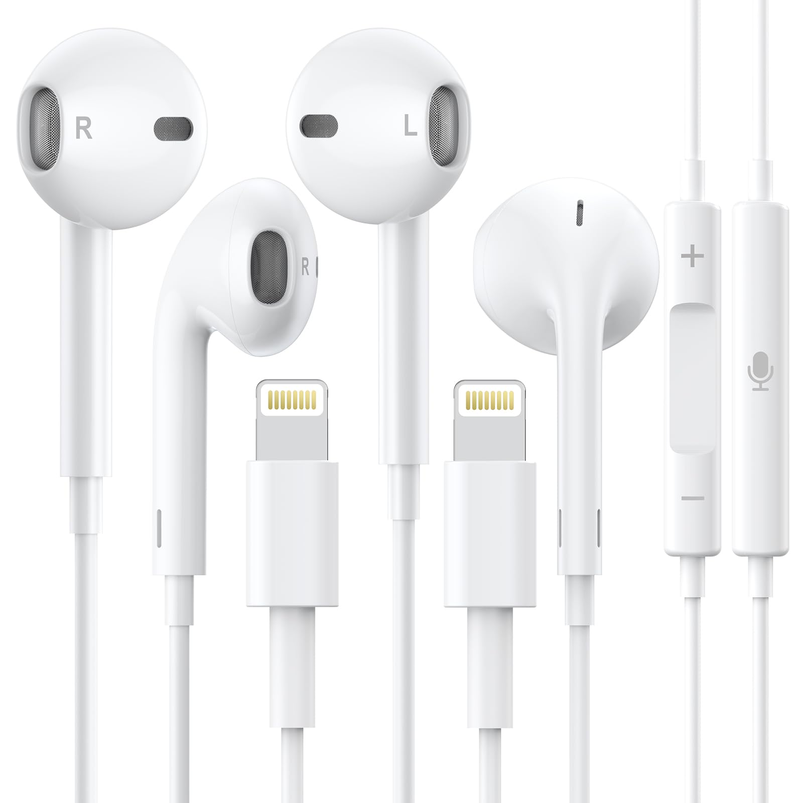 2 Pack Apple Earbuds iPhone Wired Lightning Headphones [Apple MFi Certified](Built-in Microphone & Volume Control)Noise Isolating Headset Compatible with iPhone 14/13/12/11 Pro Max/Xs Max/XR/7/8 Plus - 2