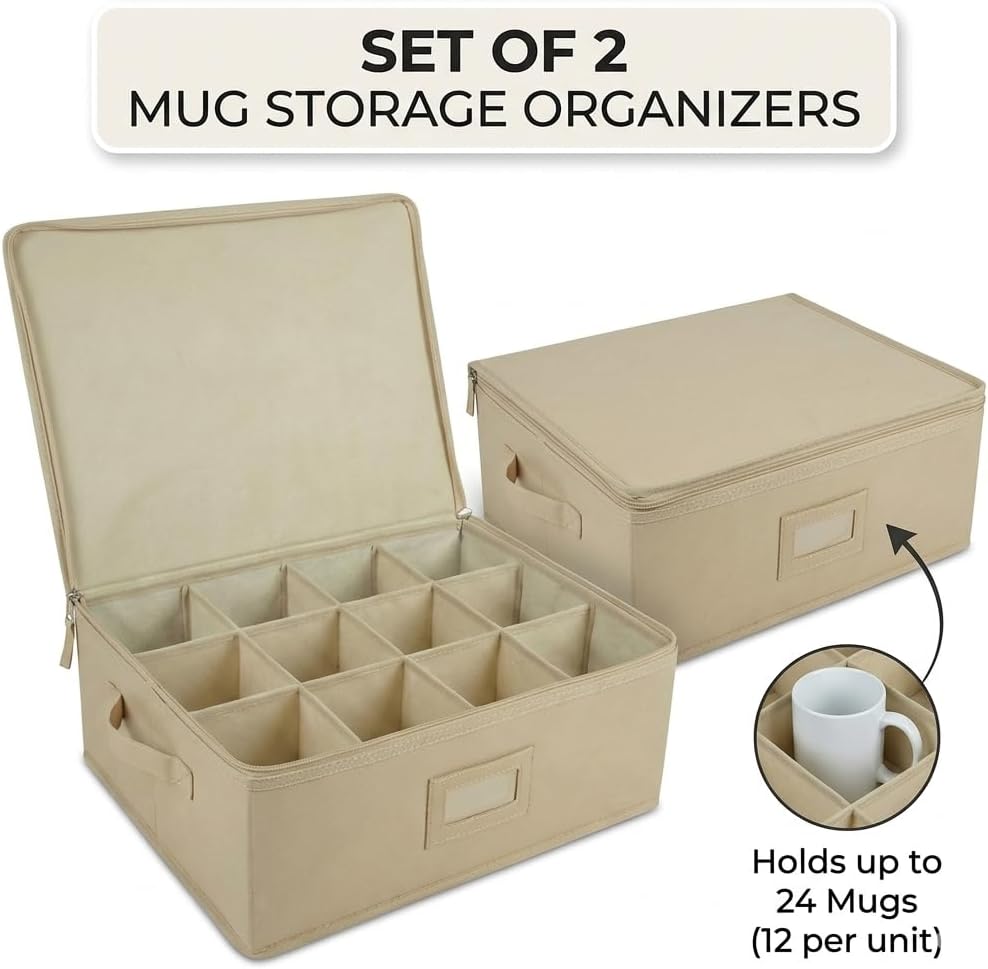 Mug Storage Box Set of 2 with Lid – 12 Compartment Coffee Cup Organizer for Cabinet & Pantry – Stackable Linen-Style Storage with Dividers, Handles & Label Window (Beige & Gray, Assorted)