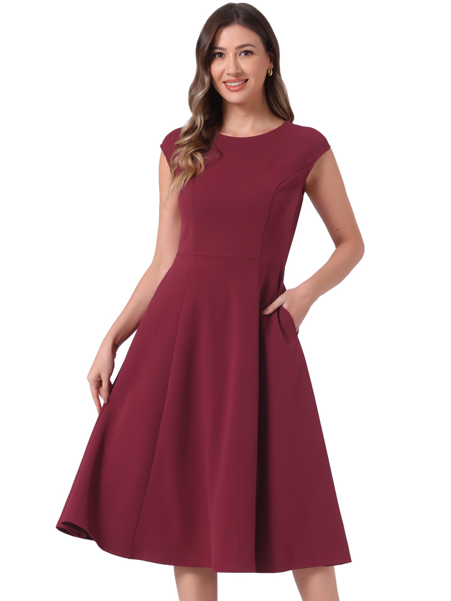 Allegra K Wear to Work Office Dress for Womens 2025 Cap Sleeve with Pockets A-Line Dress