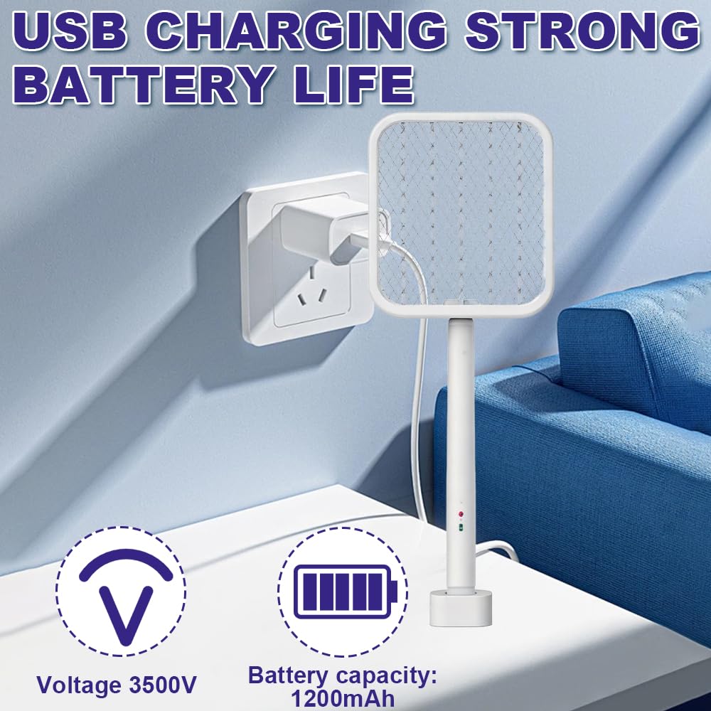 Elektrische Fliegenklatsche, SGZIOO Faltbar Fliegenklatsche Elektrisch mit Teleskopverlängerung und Sockel, Electric Fly Swatter mit UV Mückenfalle, 1200 mAh Wiederaufladbar, für Drinnen und Draußen