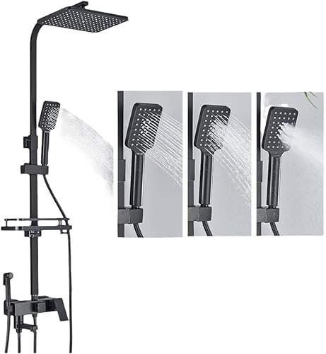 Juego de grifo de ducha de latón negro con estante de baño, 4 funciones, mezclador de ducha con ajuste de altura (negro, 3 vías-ABS)
