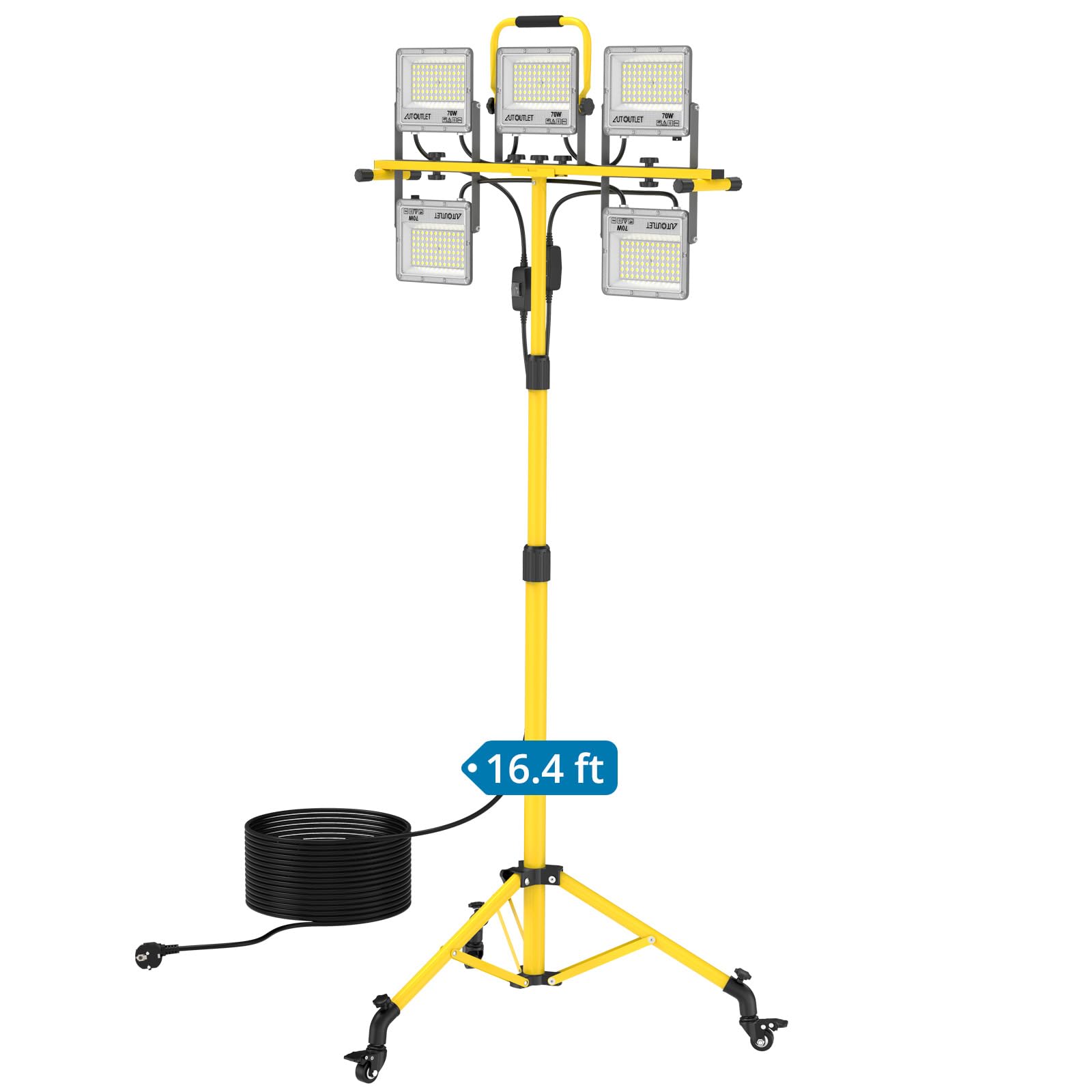 AUTOUTLET Projecteur de chantier LED avec trépied et roulettes, 5 x 70 W, 28 500 lm, éclairage de travail, lumière blanche froide 6 500 K, trépied réglable en hauteur, câble de 5 m, étanche IP66