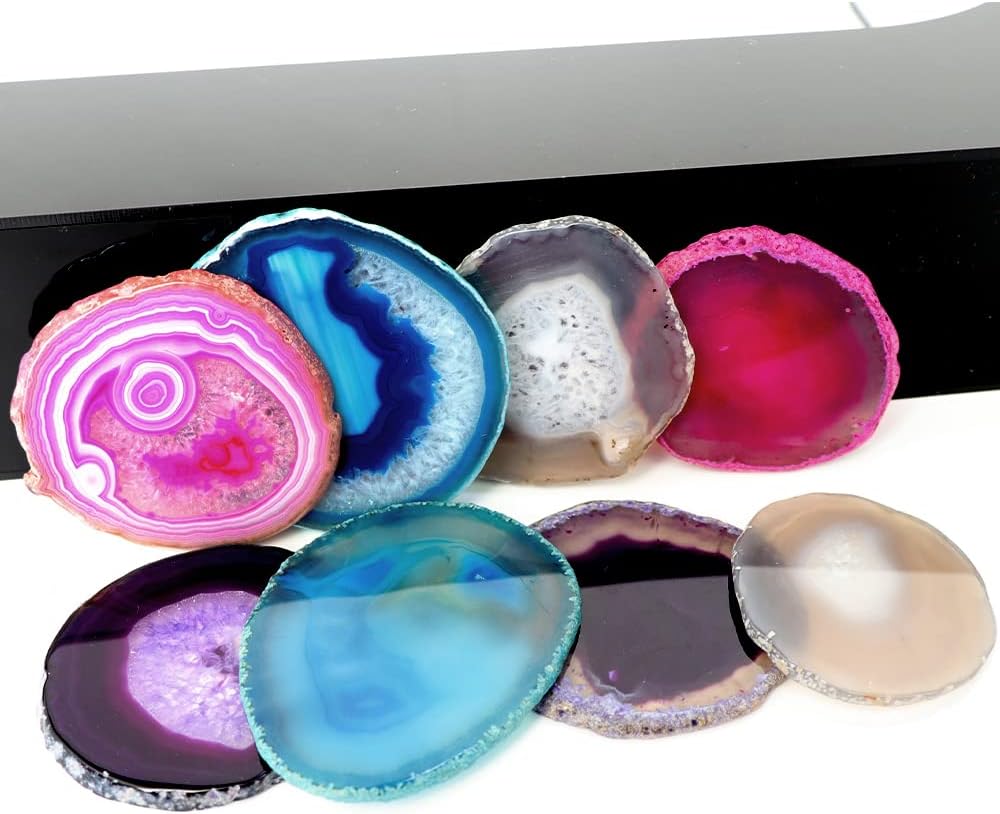 AMOYSTONE Teal Agate Coasters for Drinks - Set of 4 Geode Crystal Quartz Rock Slices With Rubber Bumpers 3-3.5" - Image 5