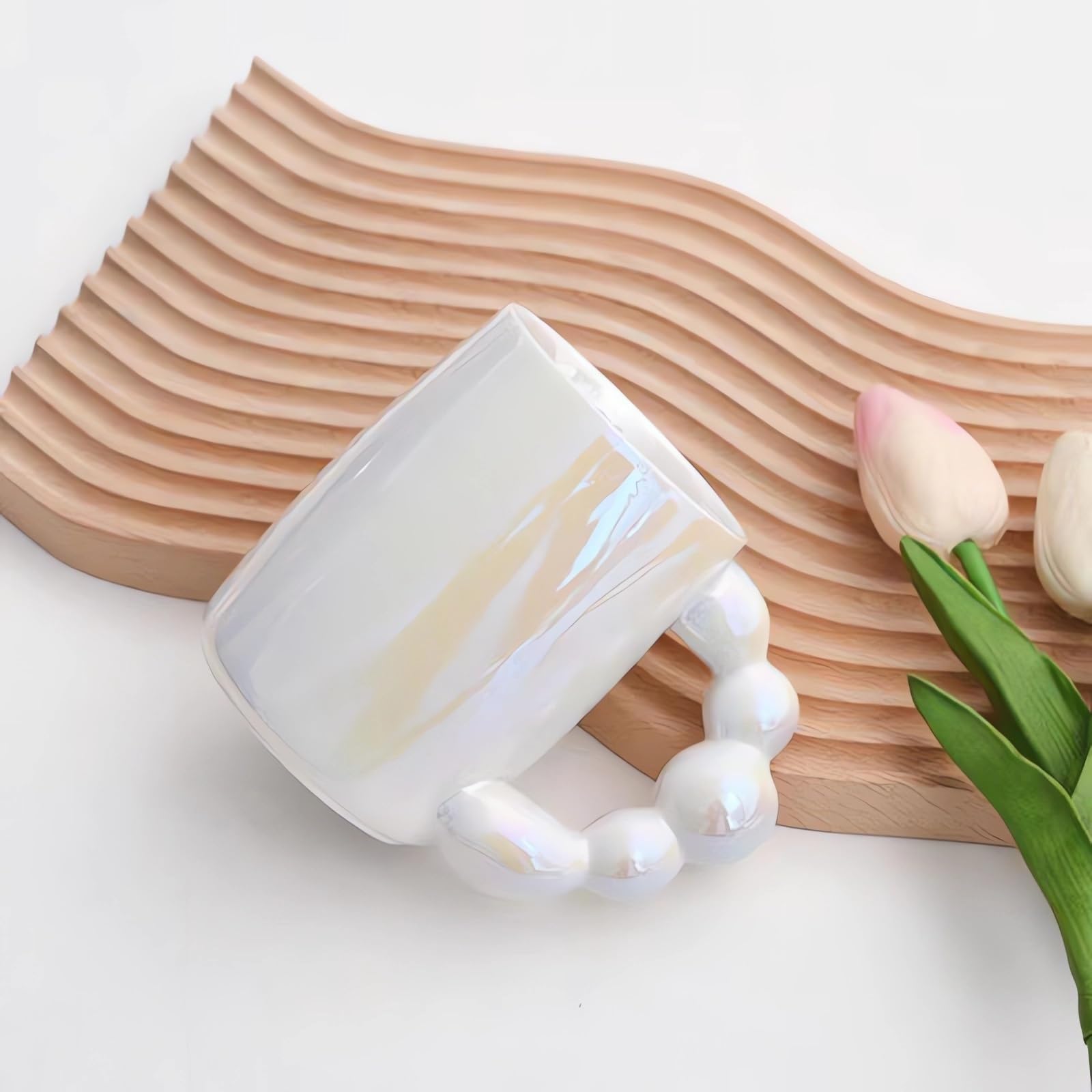 Taza Tazas Blancas Perla, Tazas de café de cerámica de Estilo Coreano, Taza de café con asa de Burbuja for Desayuno, Leche, Zumo, Taza de té, Apta for microondas Taza de café(Pink)