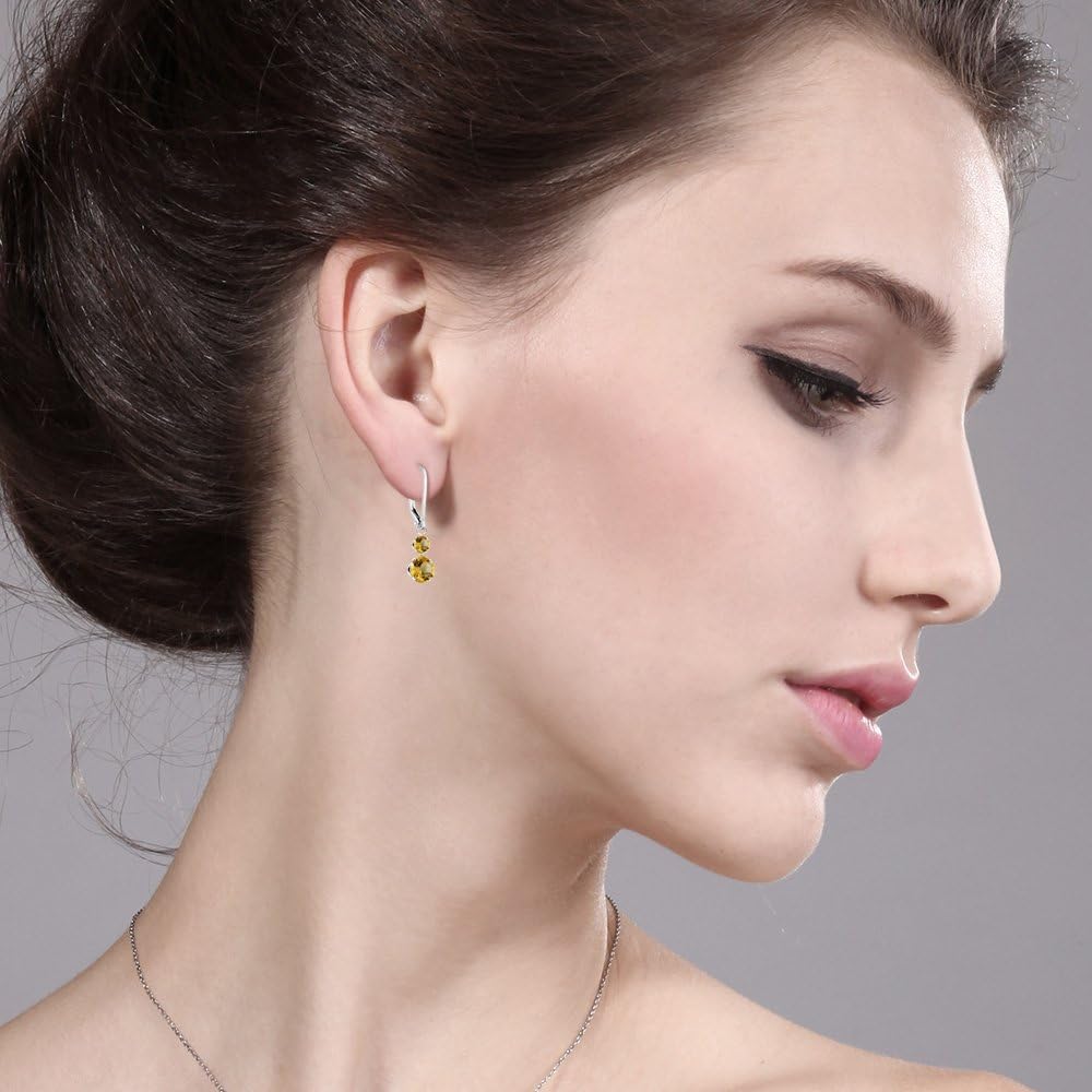 Gem Stone King 925 Sterling Silver Yellow Citrine Drop Dangle Earrings For Women (1.92 Cttw, Gemstone November Birthstone, Round 6MM and 4MM)