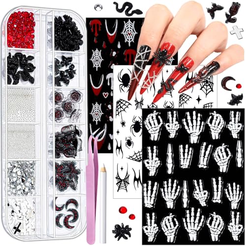 Teenitor Halloween Nail Stickers for Nail Art 3 Sheets Nail Art Stickers with 1 Box Halloween Nail Charms 3D Skull Nail Decals for Women