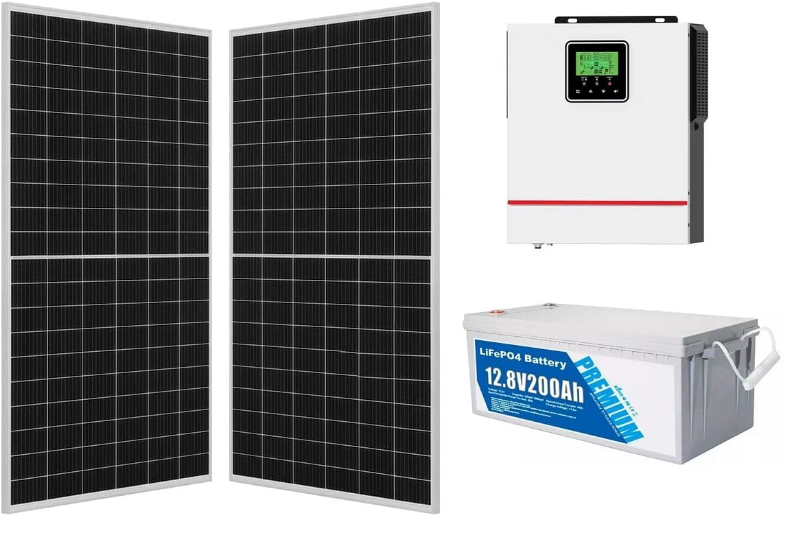Kit Solare Off-Grid 820W, 2 Pannelli 410W 36V, Inverter Ibrido 12V 1.5kW con MPPT 80A, Batteria LiFePO4 12V 200Ah