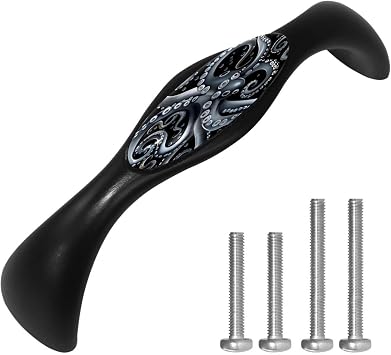4 Pack 5.6 Inch Cabinet Pulls Black Octopus Kitchen Cabinet Handles Black Cabinet Hardware Kitchen Drawer Pulls for Cabinets Cupboard, 125mm Hole Centers