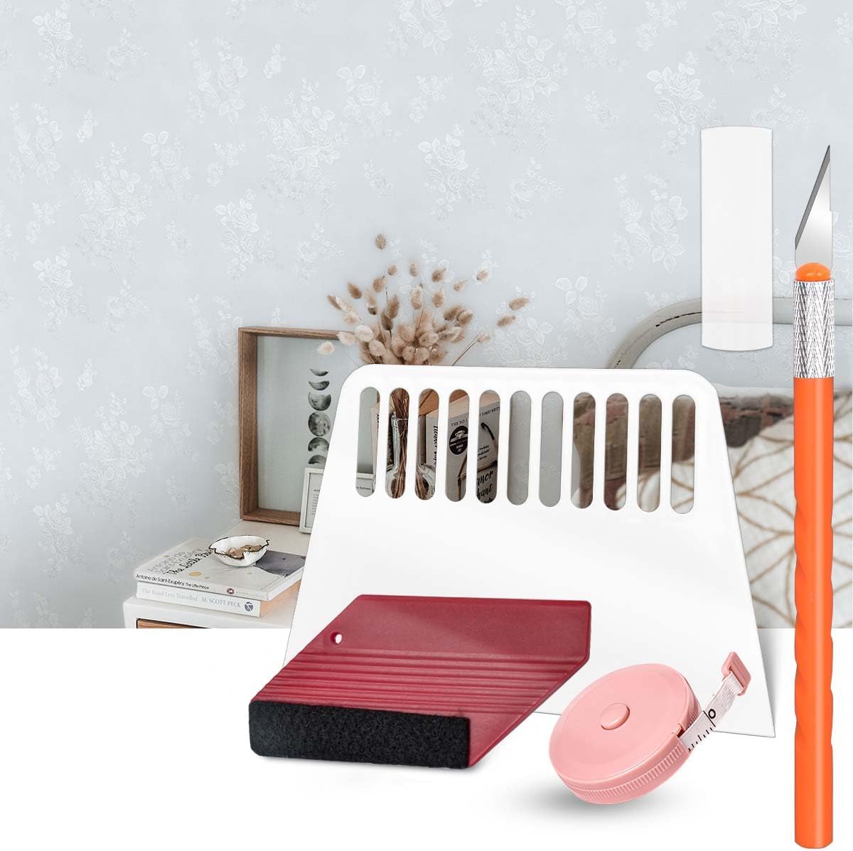 White Wallpaper Silk Embossed Floral White Contact Paper Peel and Stick +Wallpaper Smoothing Tools Kit