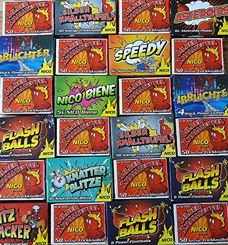 XXL Silvester Jugend Feuerwerk Knaller Paket I 150 einzelne Effekte I Jugendfeuerwerk I Ganzjahresfeuerwerk I 12 Schachteln I Knallteufel - Bienen I Party Knallbonbon I Knallerbsen I Kat 1 I Cover