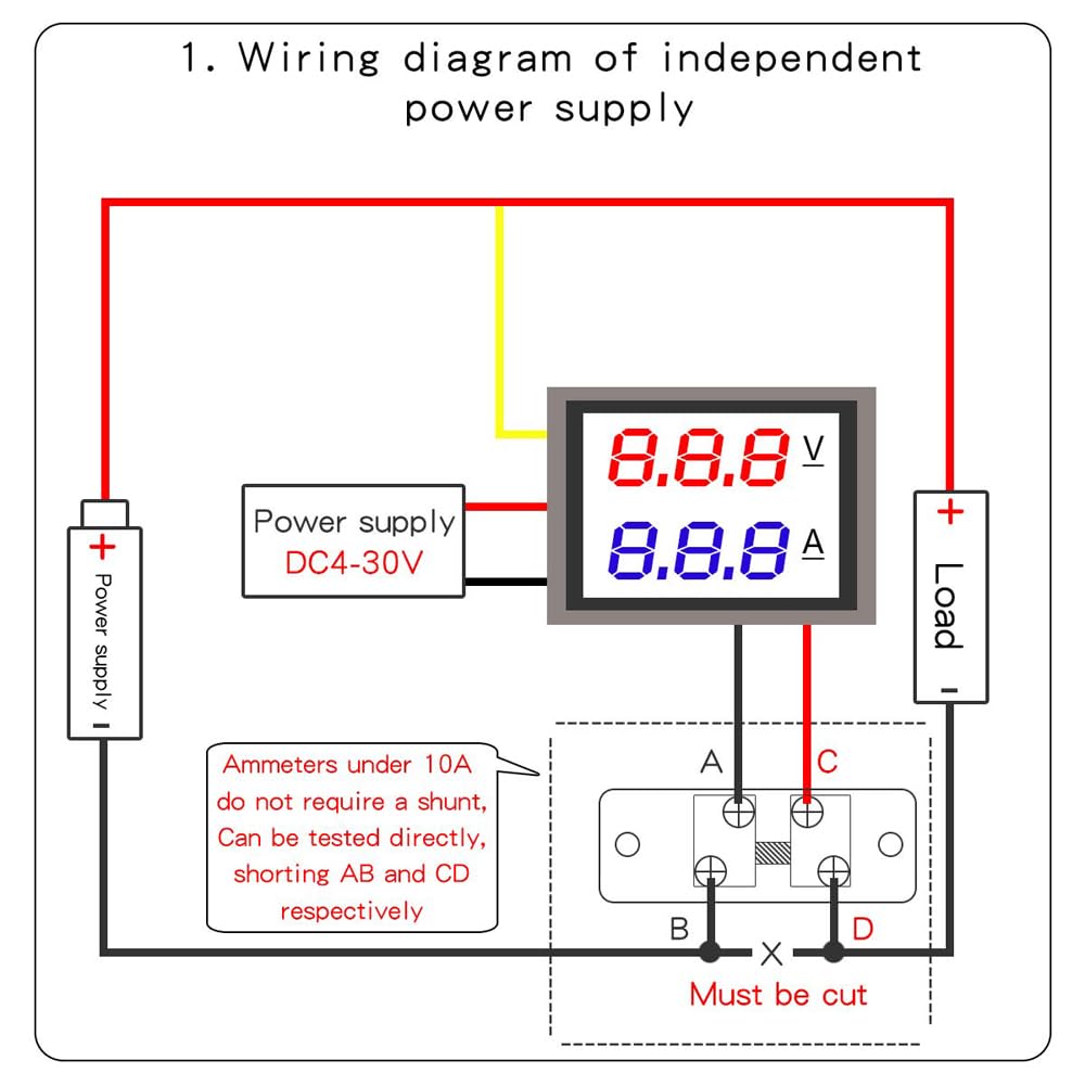 Greluma 1 Pezzo Voltmetro amperometro digitale da 0,28'', DC 0-100V 50A, doppio display LED rosso e blu, misuratore di tensione e corrente, tester 2 in 1 con shunt 50A/75mV