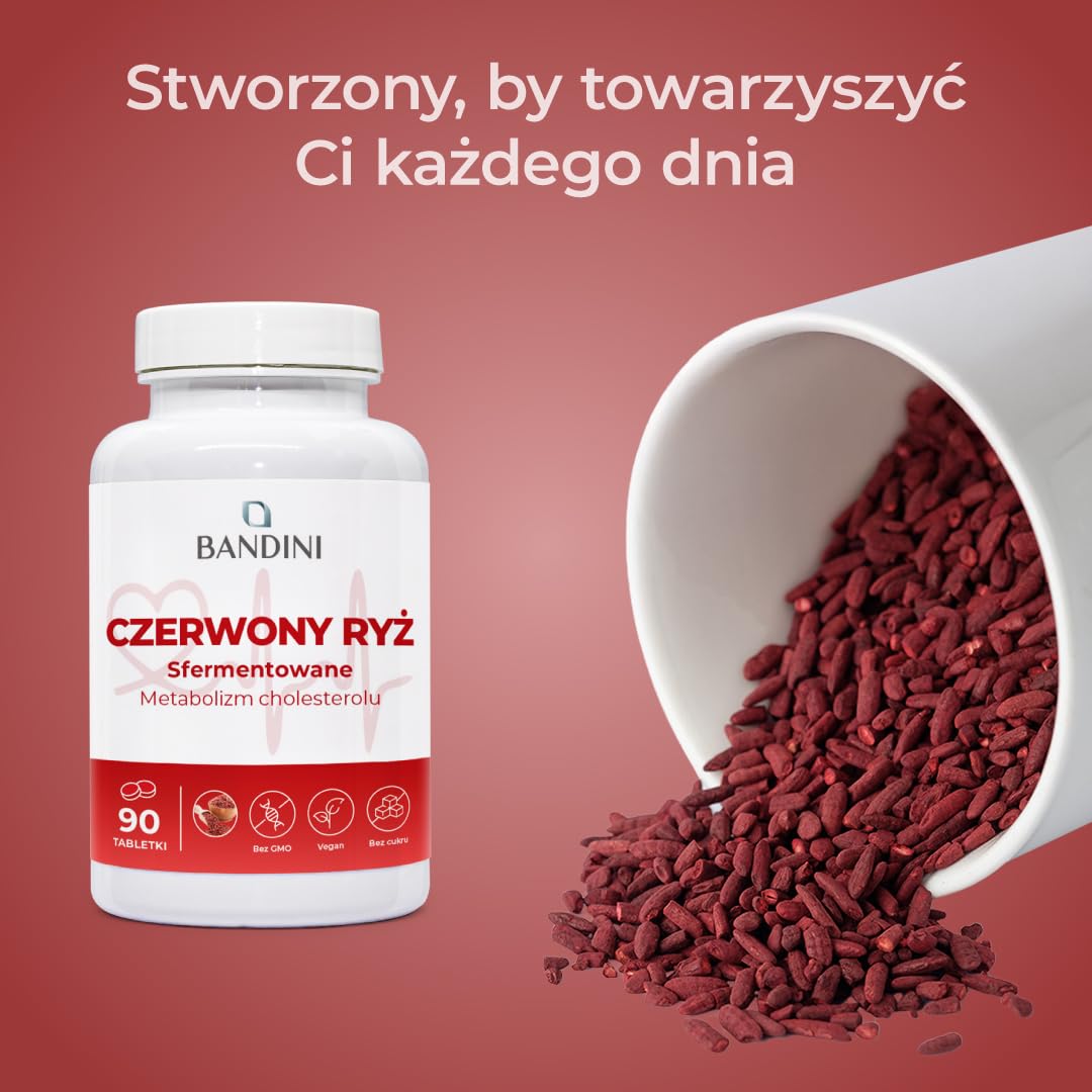Bandini® FERMENTED RED RICE z drożdży Monascus Purpureus, 99,7 mg czerwonego ryżu, 2,9 mg monakoliny K, bez dodatków, wegański, bez GMO, 90 łatwych do połknięcia tabletek (3 miesiące)