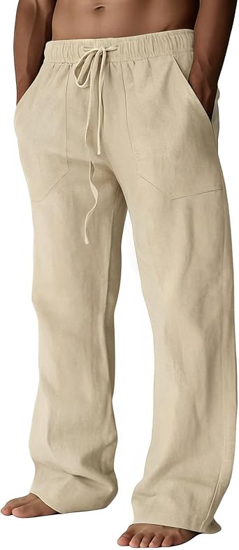 Puimentiua Cotton Linen Pants Men Casual Loose Fit Elastic Drawstring Waist Summer Beach Pants