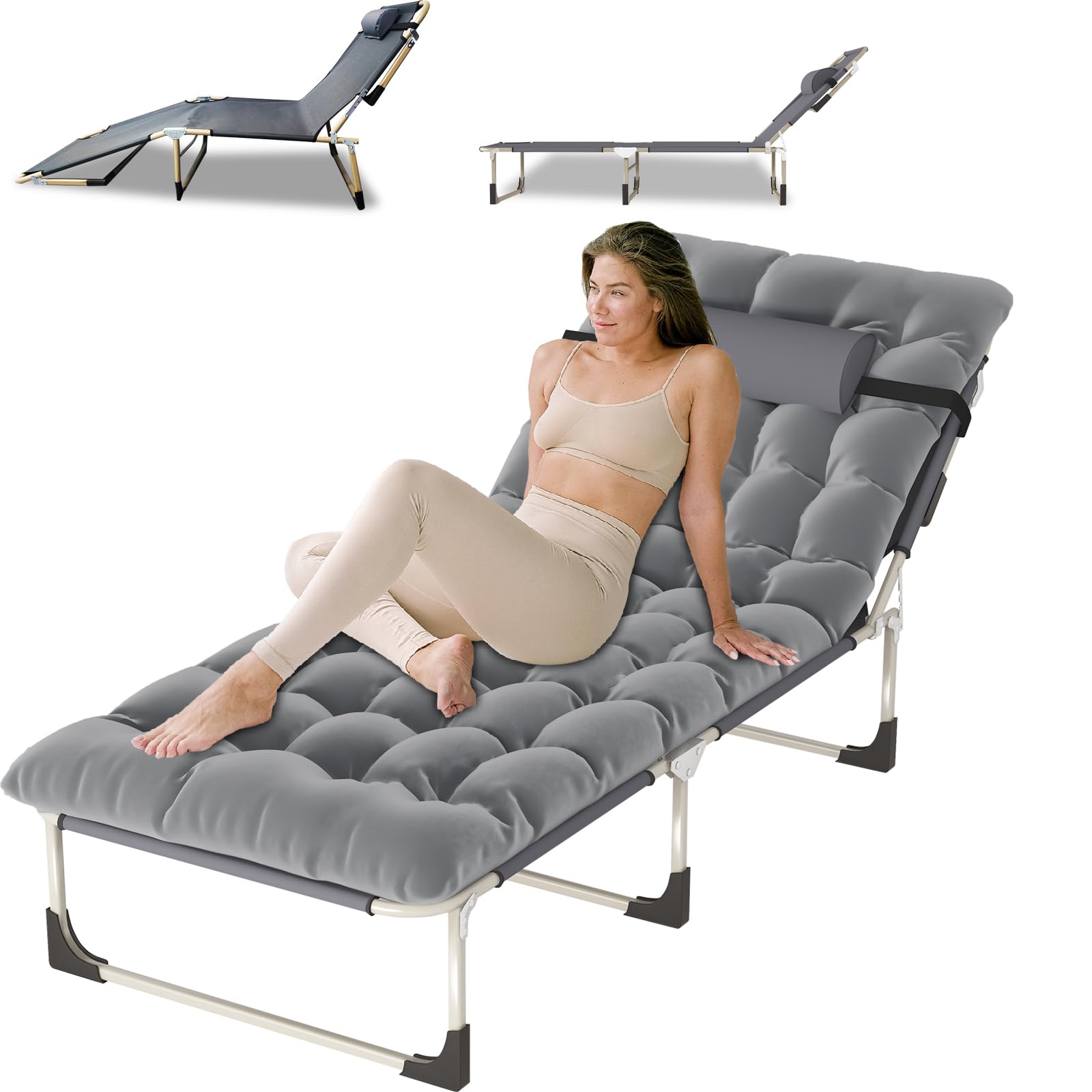 EVGTTIPortable Folding Camping Cot, Oversize 28.7in Adjustable 5-Position Adults Reclining Lounge Chairs with Pillow, 500 lb Weight Capacity, Heavy Duty Oxford Cloth 1200D with Mattress