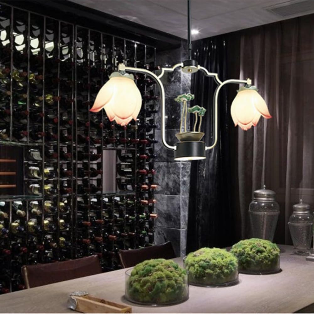 LYMSXAZOU Contemporary Lotus Pendent Lights Chinese Retro Creativity Villa Living Room Restaurant Bedroom Tearoom Study Hotel LED Decoration Chandelier (C 2 Lights)