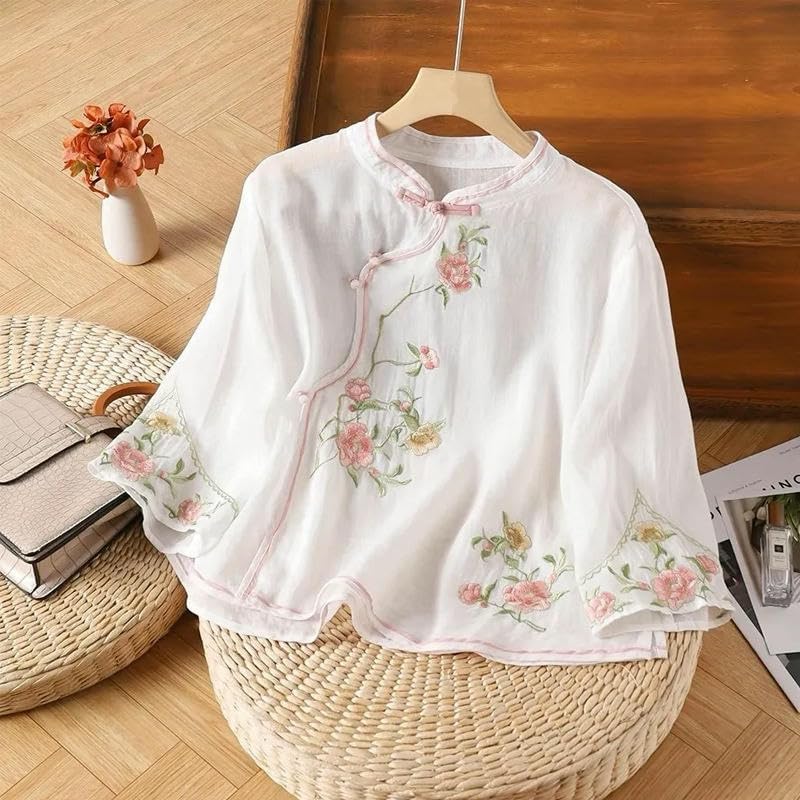 Women's National Style Spring Summer Cotton Linen Shirt Embroidered Retro Asymmetrical Frog Button 3/4 Sleeve Top