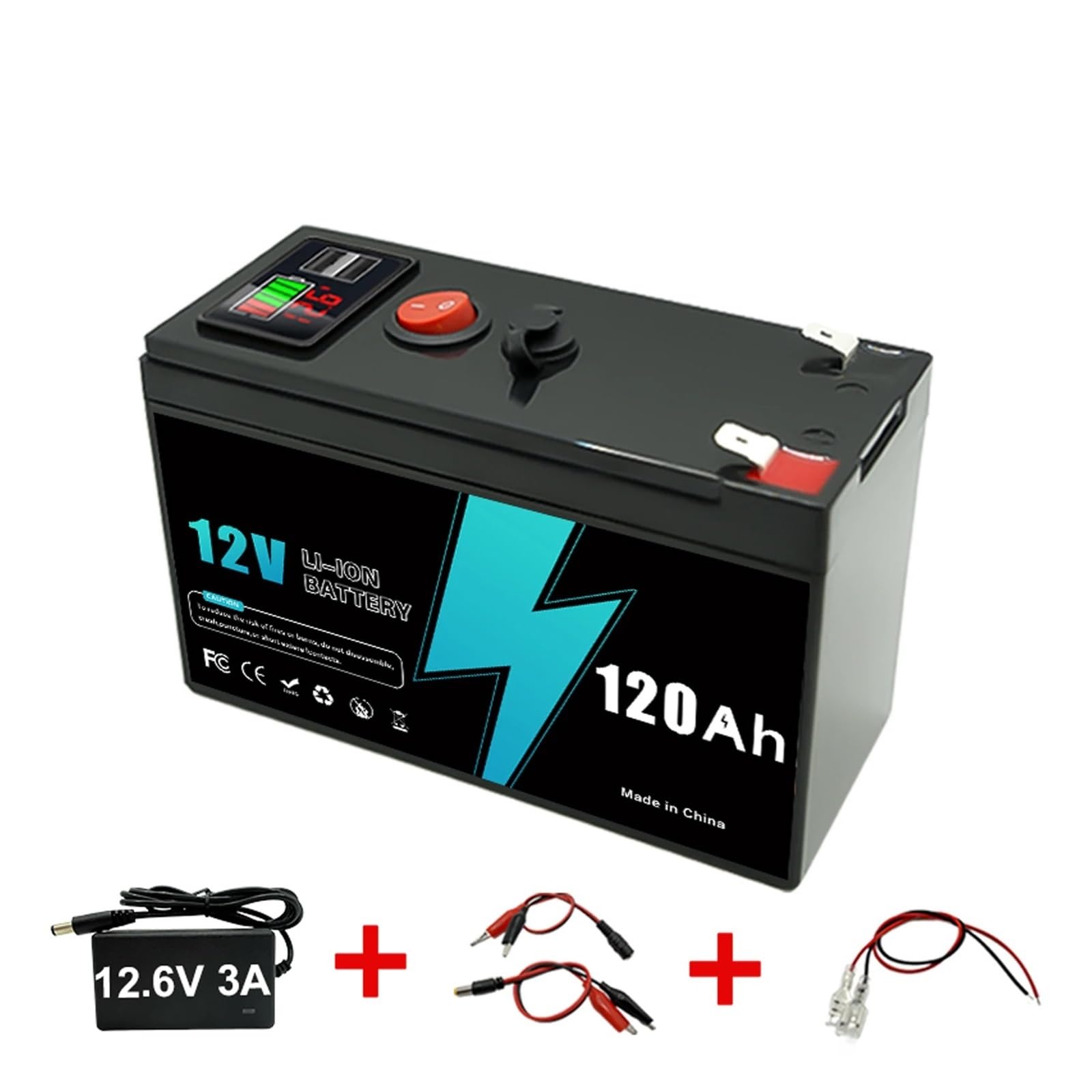 Batteria al litio ricaricabile LiFeP04 da 12 V 150 Ah a ciclo profondo for energia solare, UPS, scooter, ruote motrici, ecoscandaglio, BMS integrato(120Ah-charger)