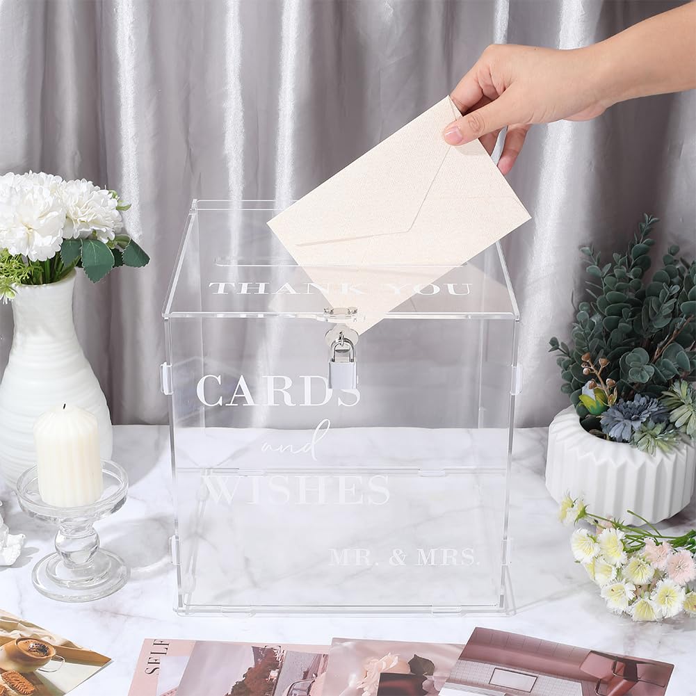 WADORN Scatola per biglietti di nozze in acrilico trasparente con chiusura a fessura, grande scatola per biglietti di ringraziamento (25 x 23 x 25 cm), per buste regalo come decorazione da tavolo, per