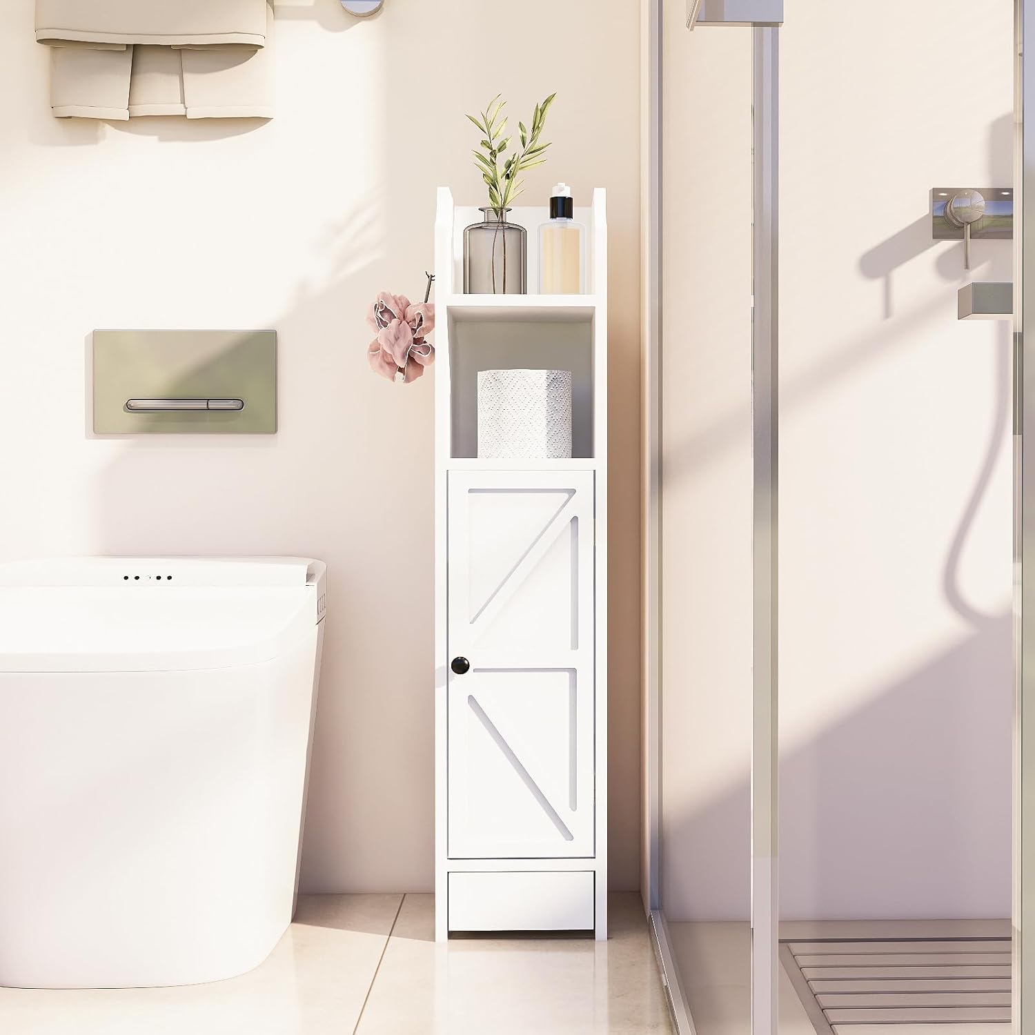 Small Bathroom Storage Cabinet, Toilet Paper Storage,Corner Floor Cabinet with Doors and Adjustable Shelf,Bathroom Organizer for Small Spaces White