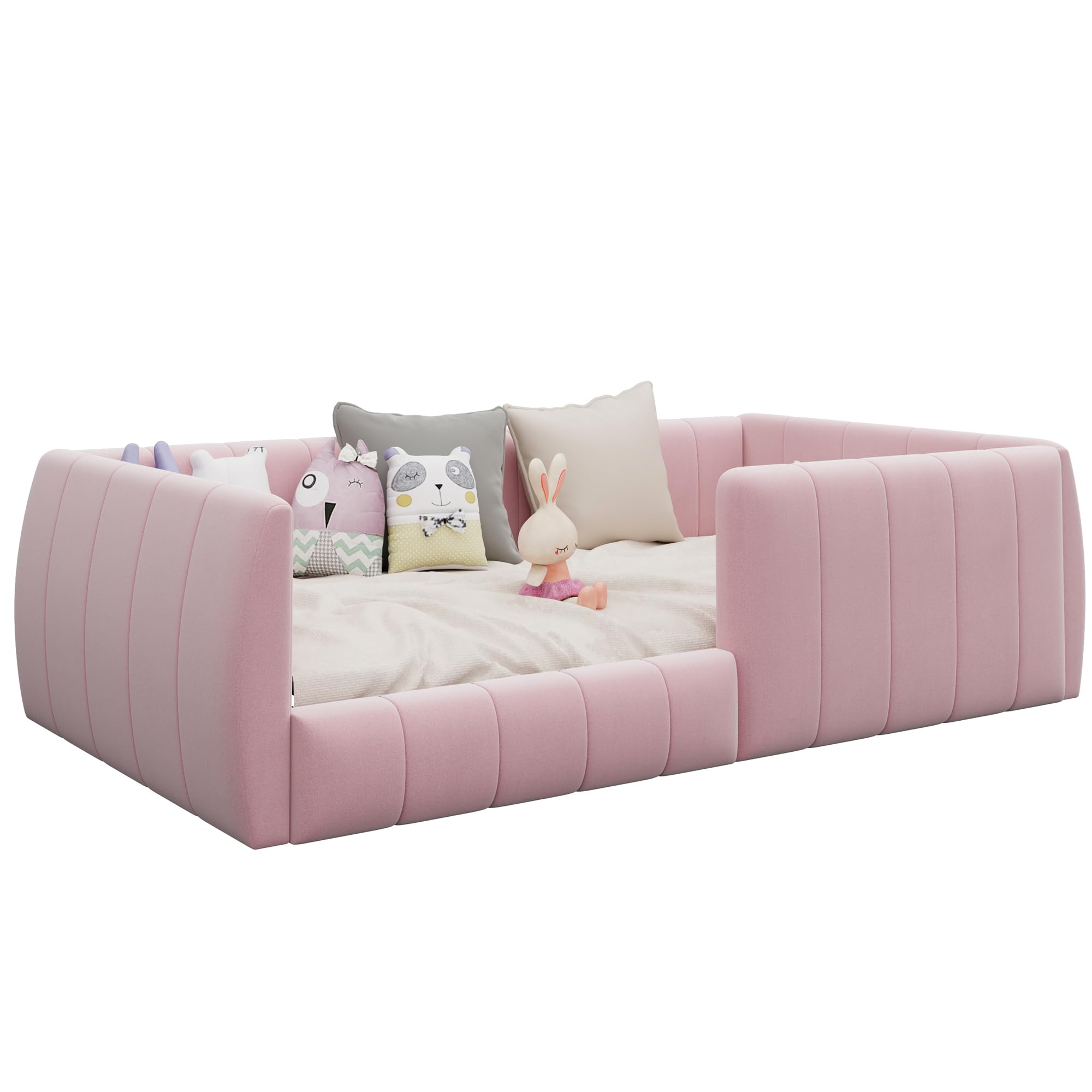 Kinderbett Bodenbett 90x200, Montessori Bett Polsterbett mit Rausfallschutz und Lattenrost, Einzelbett Gitterbett Jugendbett Spielbett Flachbett Bettgestell fürJunge und Mädchen, Ohne Matratze, Rosa