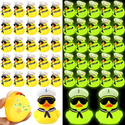 Simgoing 24 Pcs Cruise Duck Gift Bulk Glow in The Dark Rubber Ducks with Sunglasses Tiny Sailing Toy Squeaky Nautical Ship Toy for Birthday Baby Shower Party Favors Classroom Carnival
