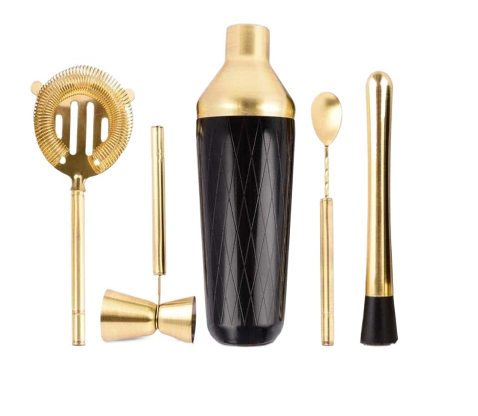 Compatible con Juego de coctelera Accesorios, Kit Martini medidor y Cuchara mezcladora, colador mortero(Gold Plated)