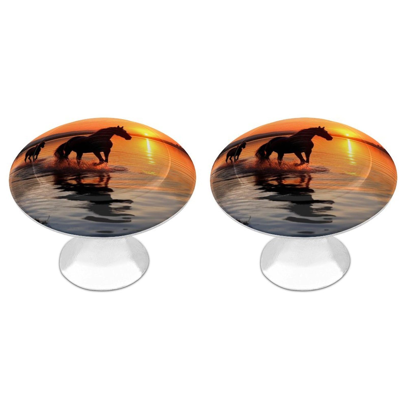 Fodpand White 2 Pack Cabinet Knobs 1.1 Inch Single Hole Drawer Pulls Handles Decorative Sunsets Lake Horses Furniture Knobs For Dresser Kitchen Bathroom Cupboard Wardrobe Vanity Closet Door Hardware