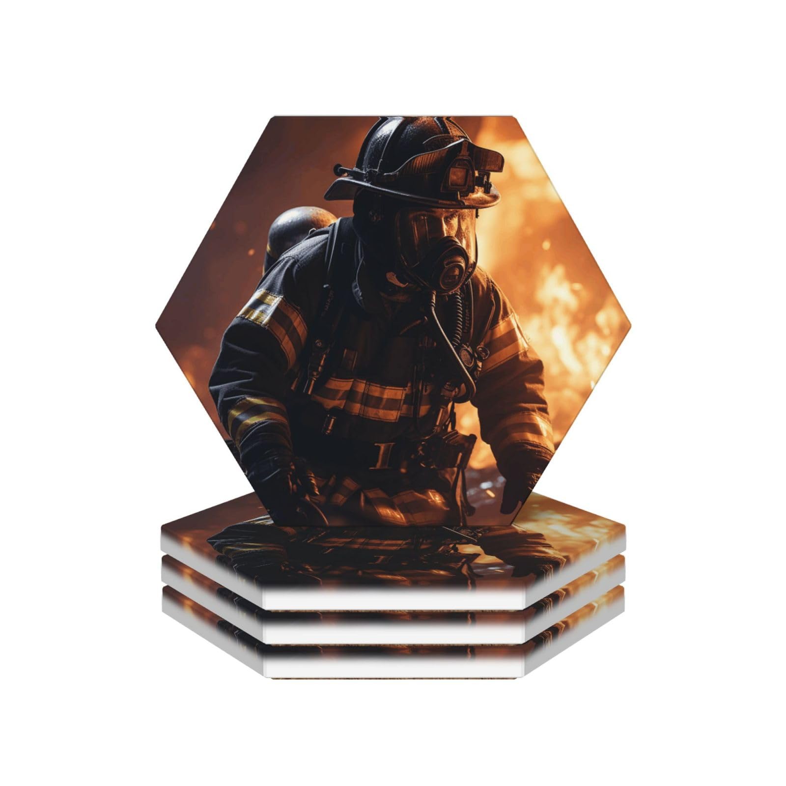 Drink Coasters Set of 4 Ceramic Coaster Firefighter Fireman Flame Coasters for Drinks Cups Mugs Mat Pads Absorbent Non-Slip Decorative Cup Coaster for Coffee Table Kitchen Bar Home Decor
