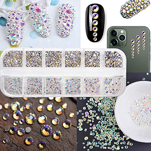 1440 PCS Crystals Nail Art Rhinestones Flatback Glass Charms Gems Stones with Storage Organizer Box 6 Sizes Jewels Diamonds for Nail, Make-up, DIY, Shoes Decoration (Iridescent, Dreamy color)