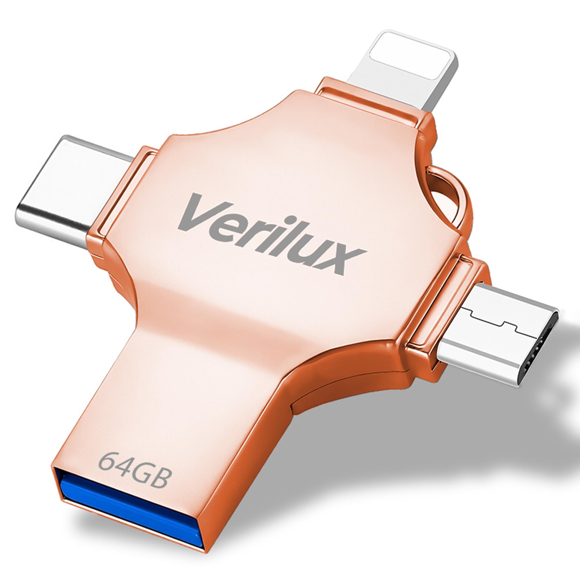 Verilux Pendrive 64GB, 4 in 1 Flash Drive with Light-ning, Micro USB, USB A, Type-C Interface Mini Hangable PenDrive for iOS & Android Compatible for iPhone, iPad, Android, PC and More Devices, Pink