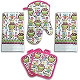 Bright Pink Owl Kitchen Decor 5 Piece Linen Set