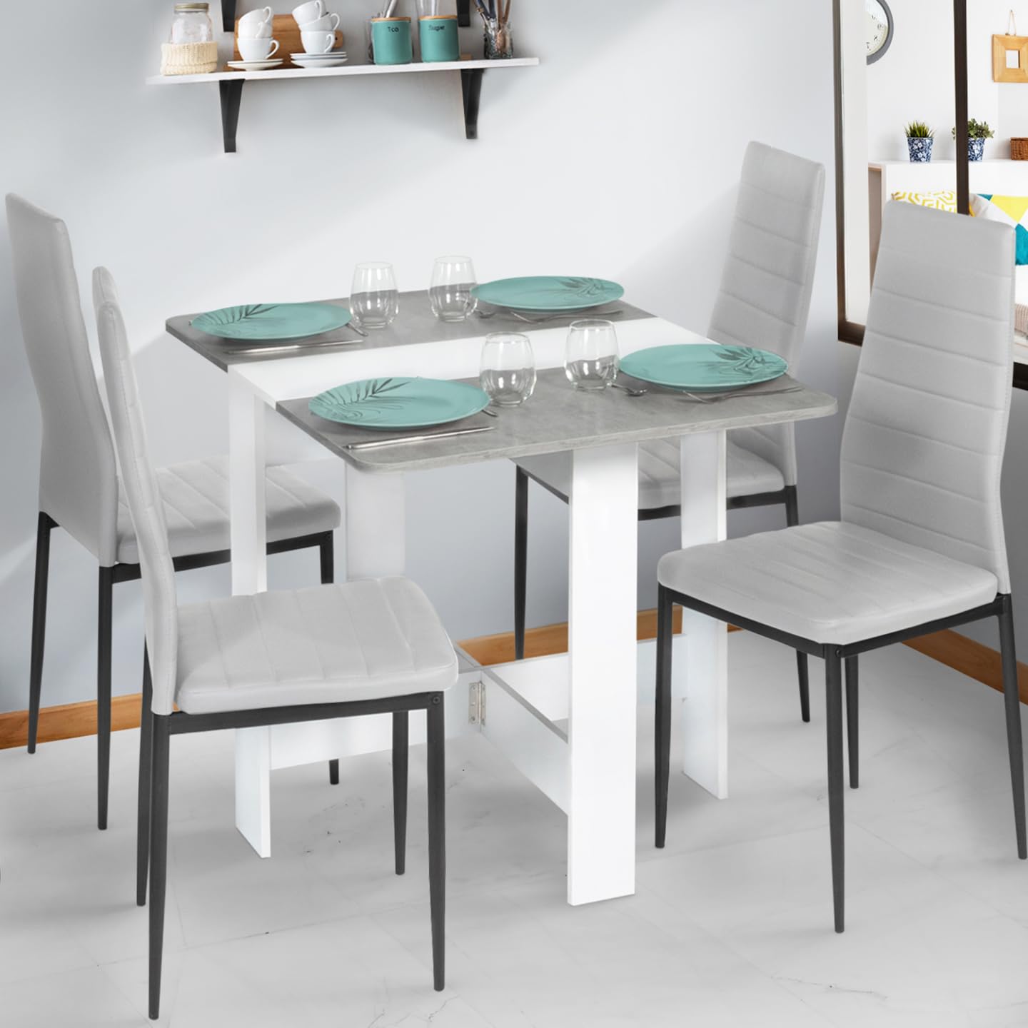 IDMarket – Mesa consola plegable EDI para 2-4 personas, color blanco, bandeja con efecto hormigón, 103 x 76 cm