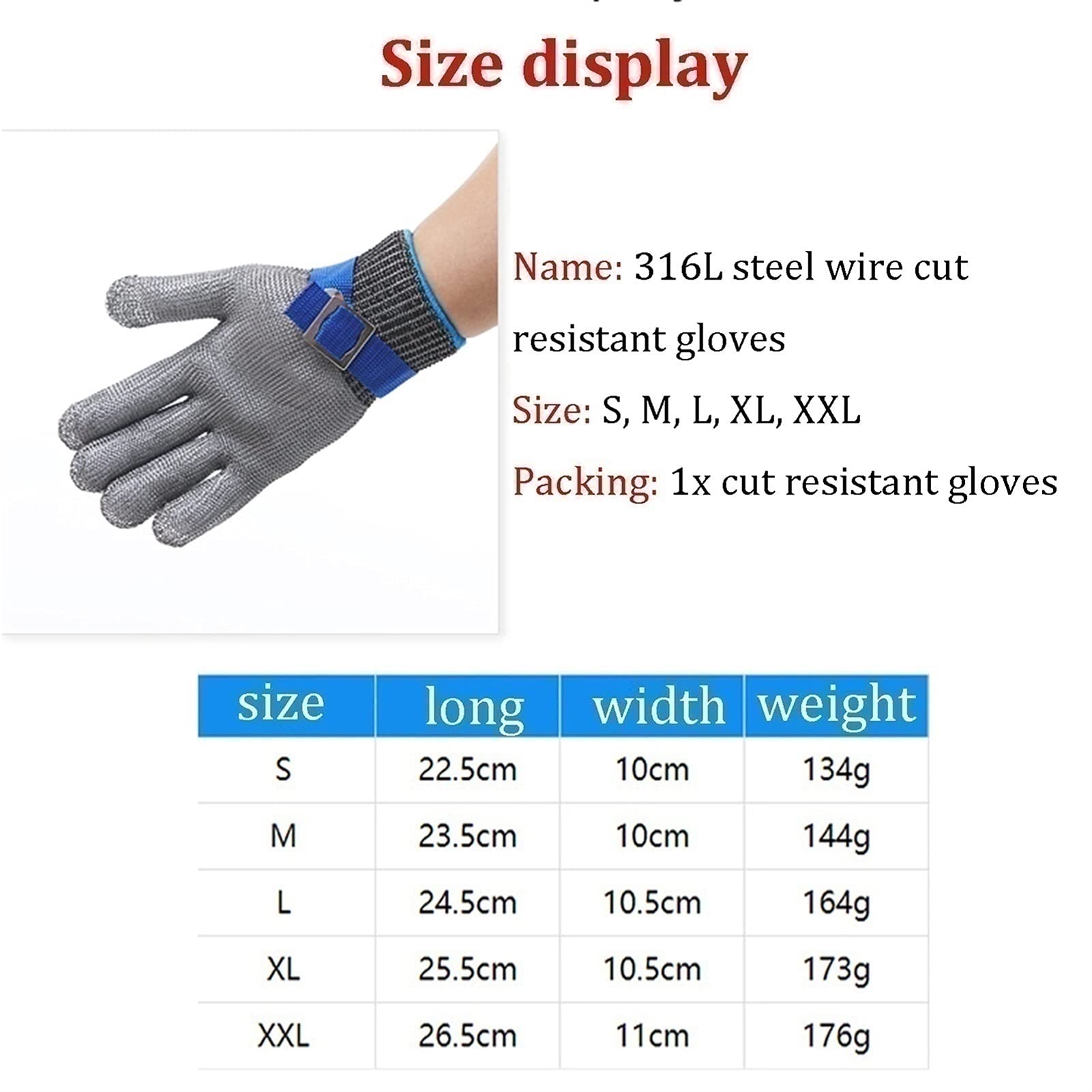 WXYZ Guantes Antideslizantes, alambres de Acero Inoxidable Guantes de Seguridad de carnicería Nivel 5 Protección, Guantes de Trabajo de Seguridad para Cortar Carne y Pesca