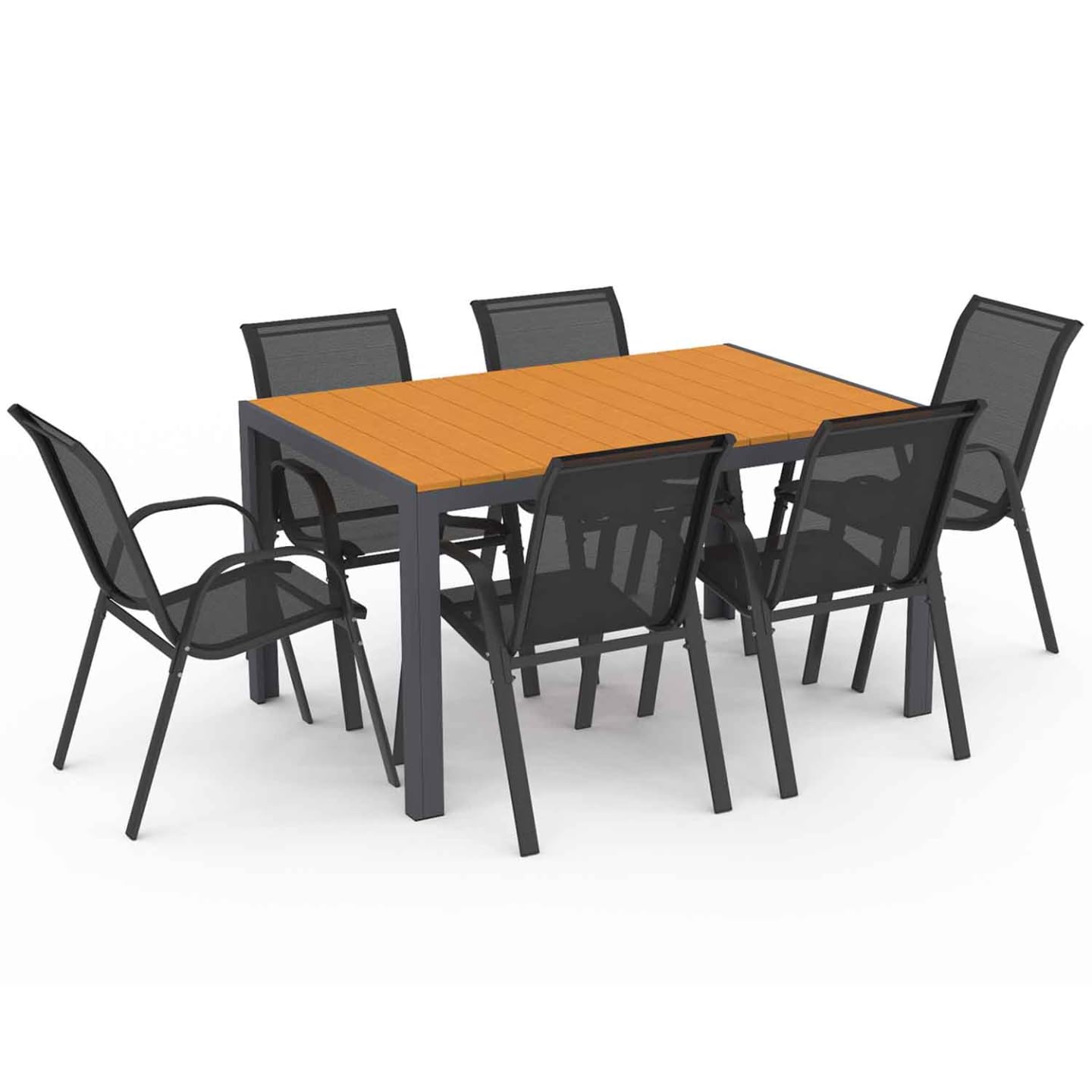 IDMarket – Salón de jardín Poly Mesa 150 cm y 6 sillas apilables Madera y Gris Antracita