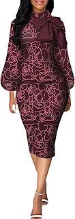 Women's Bishop Sleeve Bodycon Dresses Work Casual Floral Print Pencil Mi...