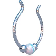 Silver Clip on Septum Piercing - Delicate and Comfortable Hammered Sterling Silver Hoop with 3mm White Opal - Thin 20 Gauge 8mm Fake Septum Piercing Jewelry