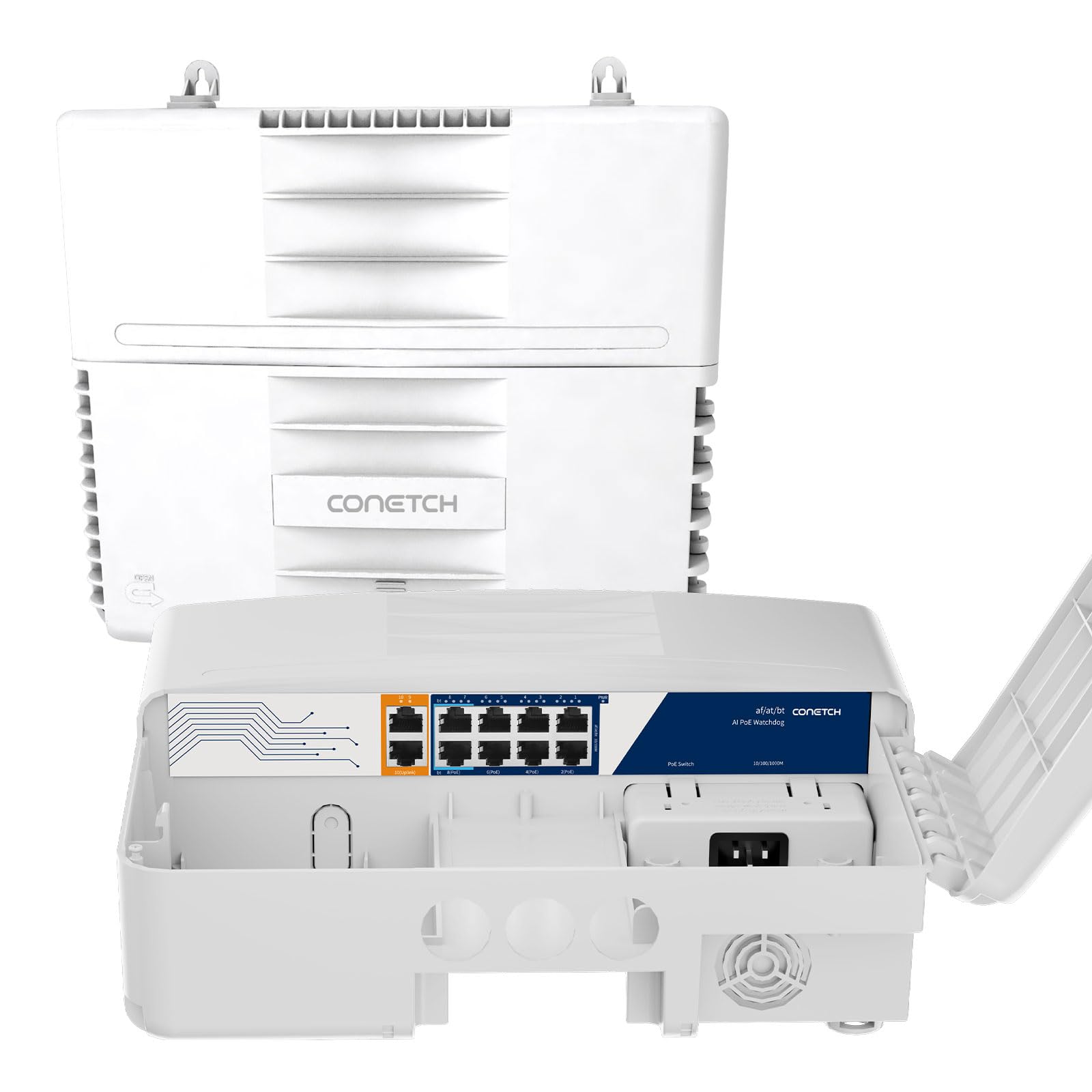 Commutateur PoE extérieur à 10 ports avec 2 liaisons montantes | Étanchéité IP65 | Puissance intégrée de 120 W | IEEE802.3af/at/bt | AI Watchdog | Protection contre la foudre 6KV | Boîtier