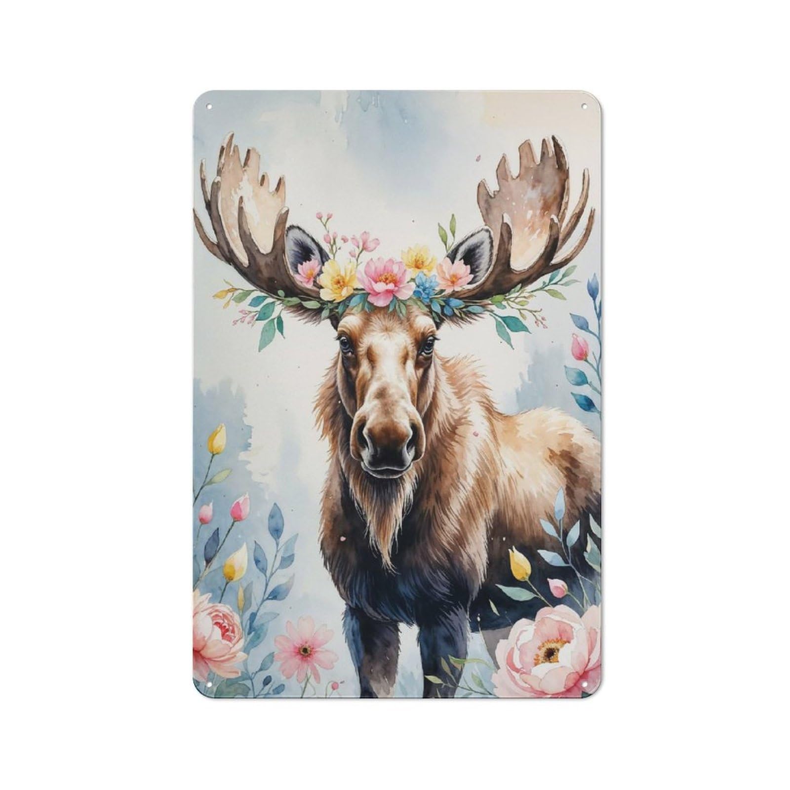 Metal Wall Sign 30x20cm Featuring Moose with Floral Crown Watercolor for Garage Or Workshop, for Garage, Workshop And Man Cave Decoration
